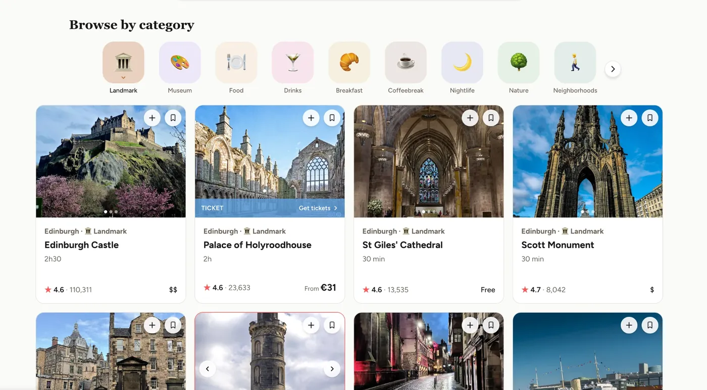 Browse by category: Landmark, Museum, Food, Drinks and more, with a grid of spot cards