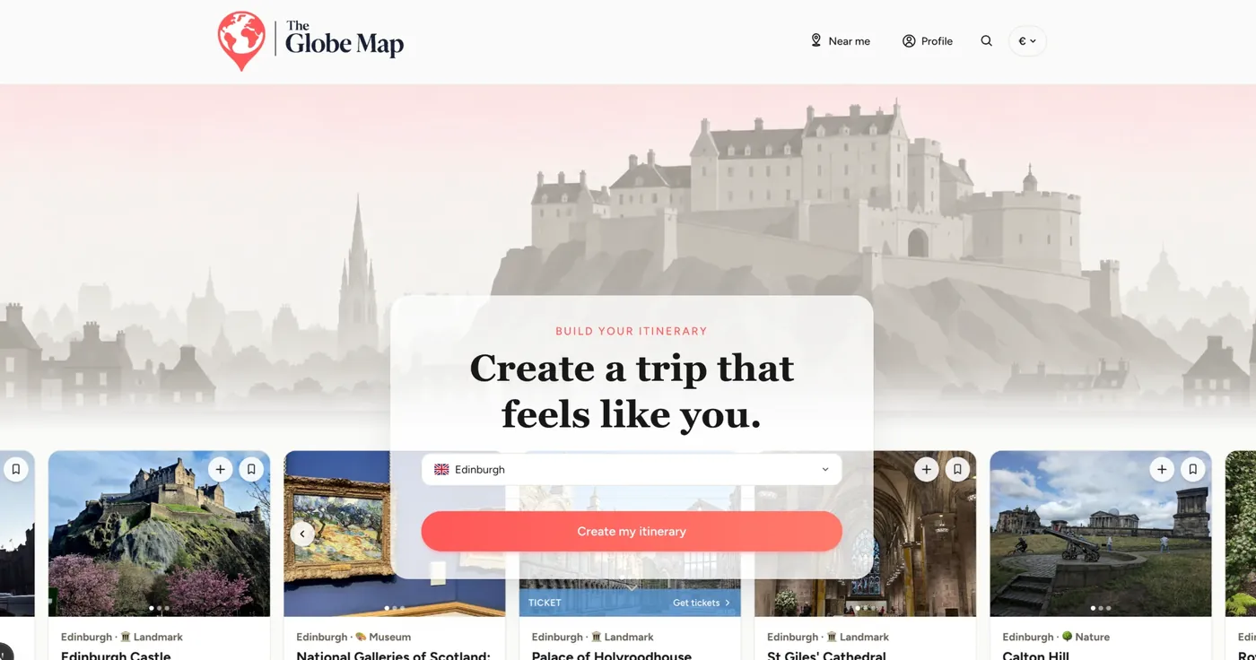 An Edinburgh city page: a carousel of the best spots scrolling behind the Create a trip block