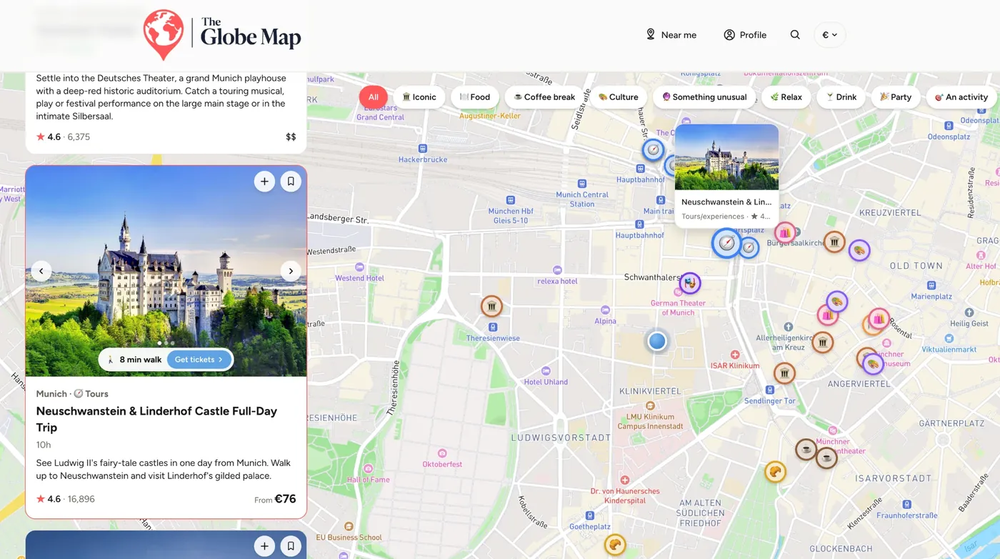 What's near me in Munich: spots around you on a map, with mood filters and a card showing an 8 minute walk