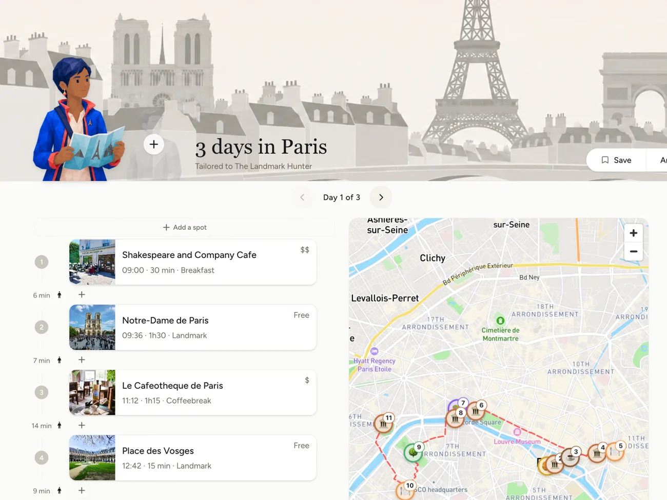 A 3-day Paris itinerary: day 1 with its list of stops, walking times between them and the route on the map